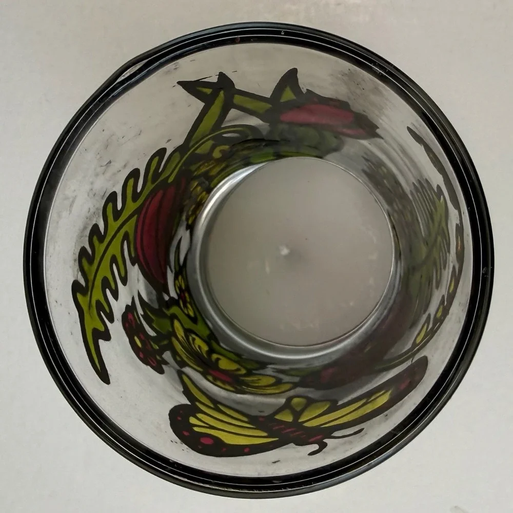 Vintage 1973 Faroy Inc Houston Butterfly Flower Stained Glass Style Juice Glass